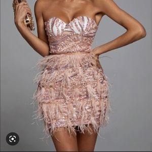 Bella Barnett Lalia pink sequin feather mini dress